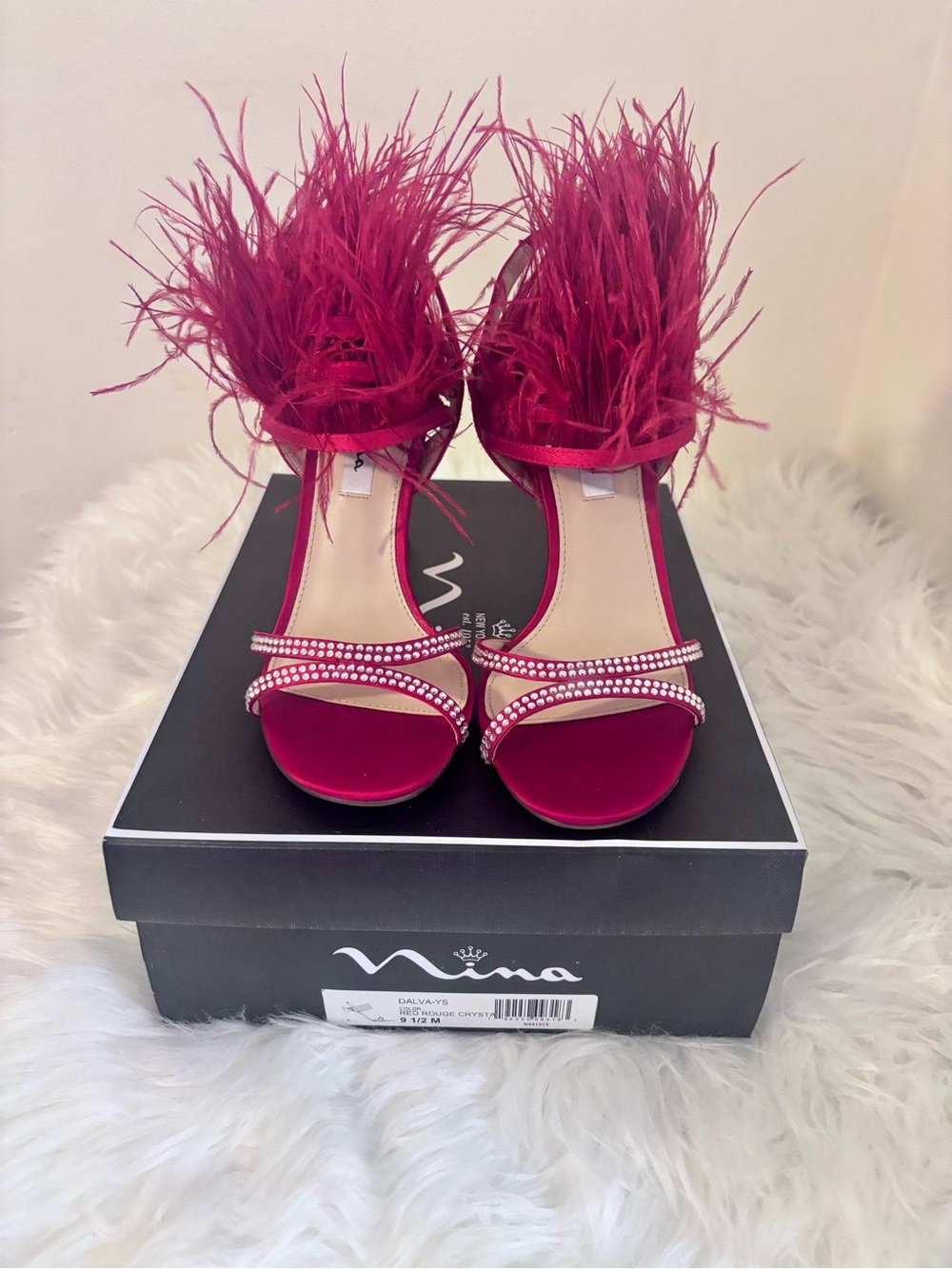 Nina RED ROUGE Feather Rhinestone Dress Sandals